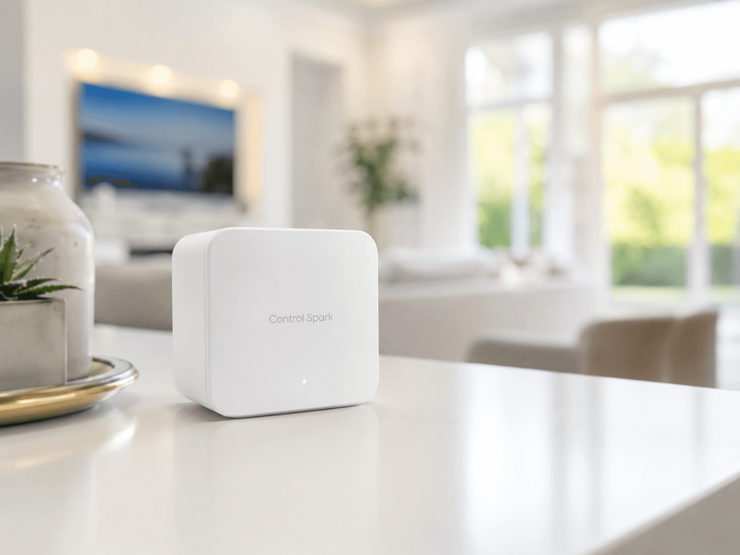 The Control Spark hub on a kitchen counter in a bright modern home