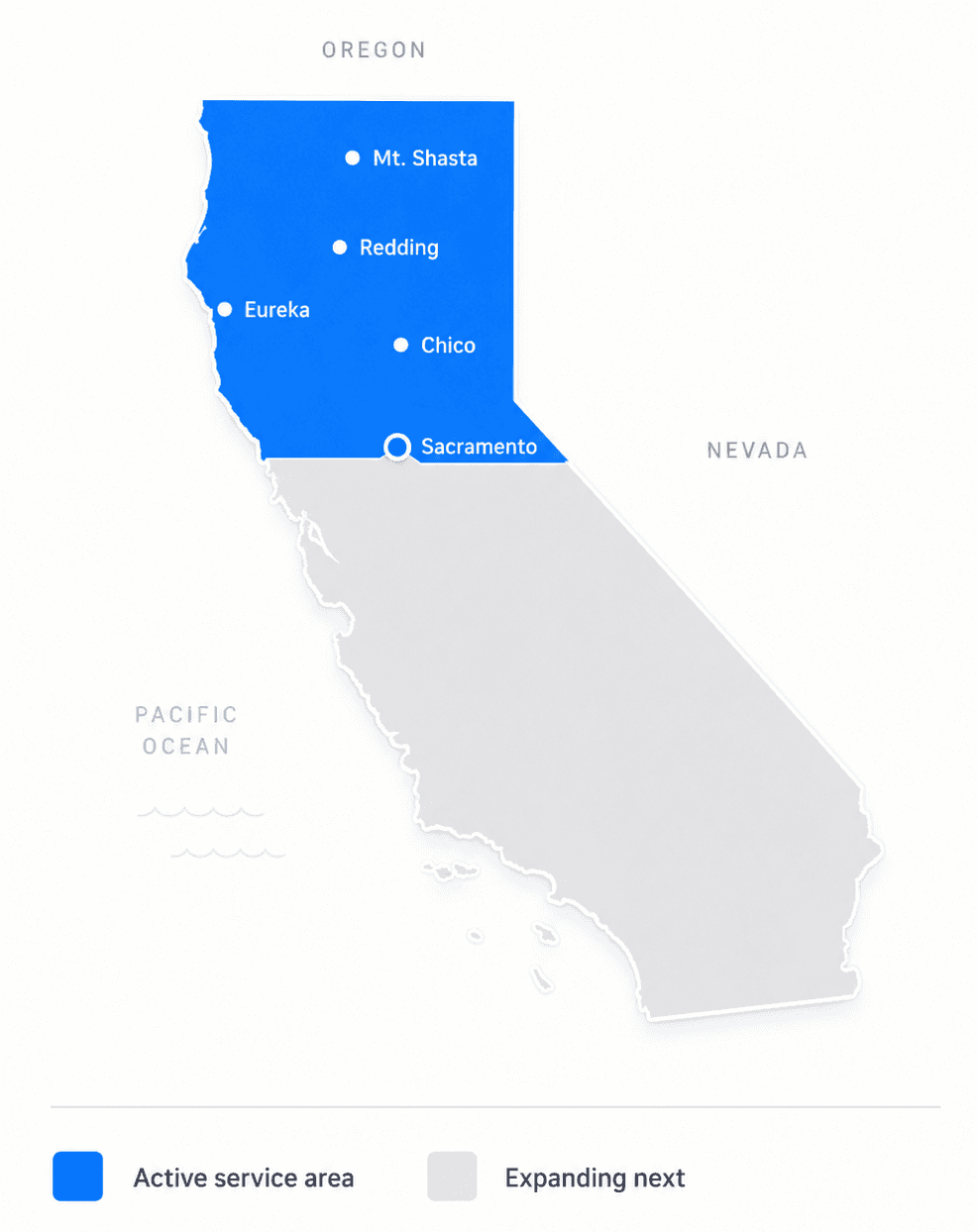Map of Control Spark's service area: Northern California from Sacramento to the Oregon border, with Mt. Shasta, Redding, Eureka, and Chico in the active zone.